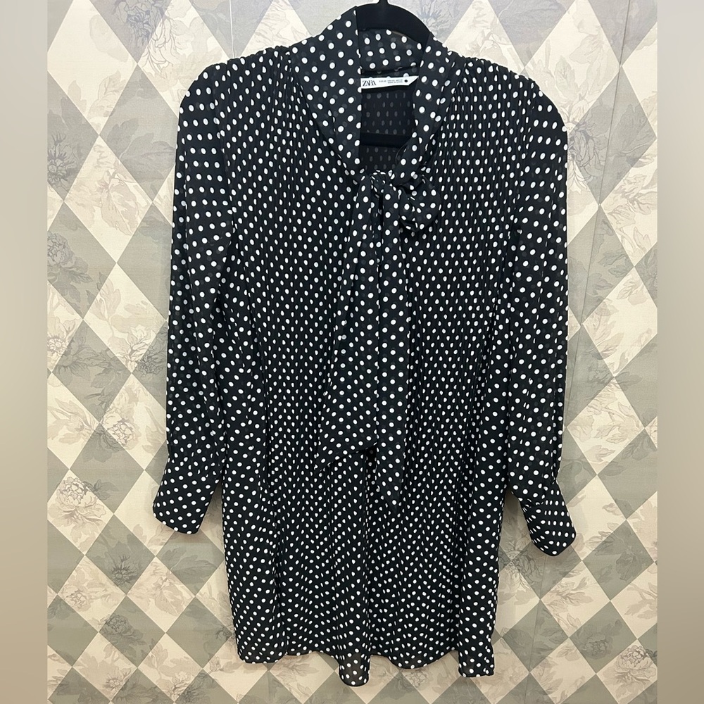 Zara Black and White Polka Dot Dress with Neck Scarf